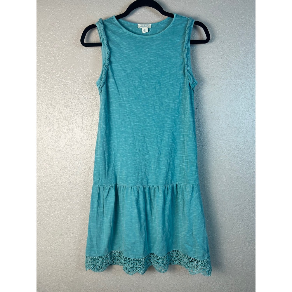 Sundance Turquoise Blue Slub Cotton Ruffle Crochet Lace Hem Mini Dress XS